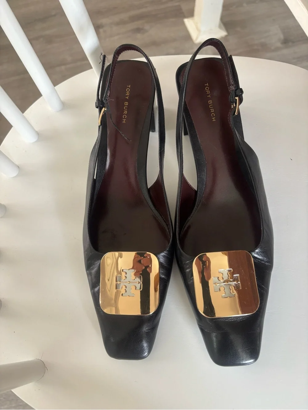 Tory Burch Black Leather Slingback Flats with Gold Logo Accent